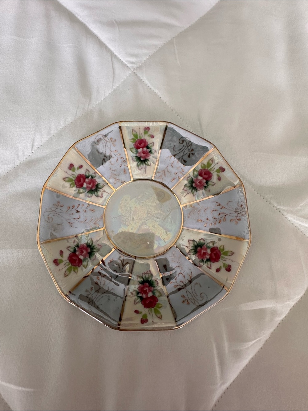 Porcelain Floral Accent Dish in White and Pink with Gold Trim Saucer